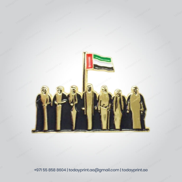 UAE Gold Metal Badges with premium mirror finish. Perfect for national events, corporate branding, and celebrations. Fast delivery available.